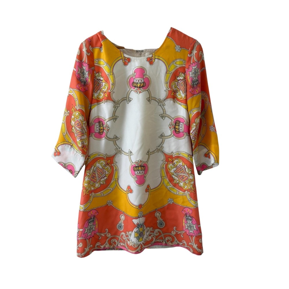 Julie Brown Silk Shift Dress Womens 6 Multicolor Preppy Scarf Print Mini
